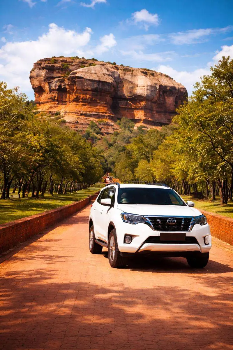 White SUV on scenic road in sigiriya srilanka